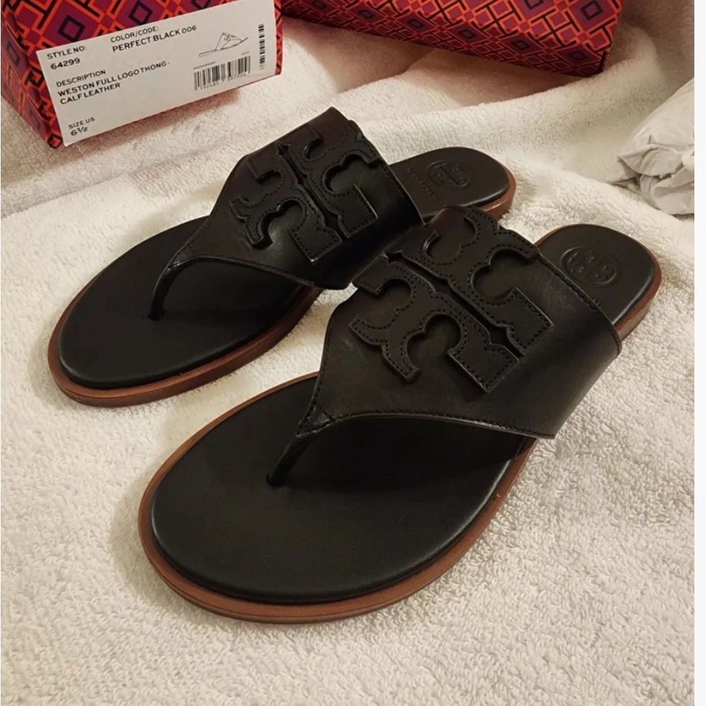 NIB Tory Burch Weston Full Logo Thong - Perfect Black - 6.5